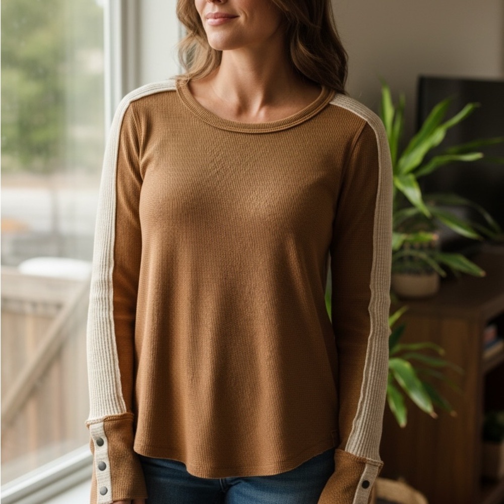 We The Free Brown and Cream Long Sleeve Top